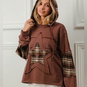 NEW BIBI 5 PLAID AND KNIT MIXED HOODIE TOP Chocolate